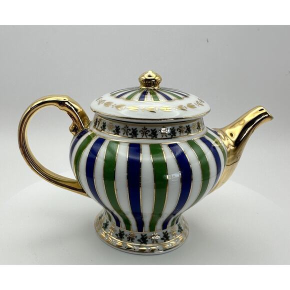 Mini Enameled Porcelain Teapot 3 inch Green/Blue Stripes Gilt Stamped Qingfa - Picture 2 of 10